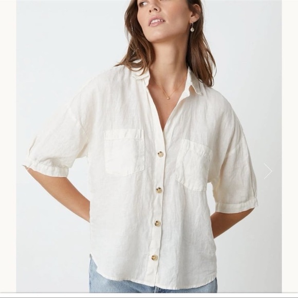 $183 Velvet BY GRAHAM SPENCER Maria Linen ButtonUp Shirt S Oversized color Chalk - Picture 1 of 11